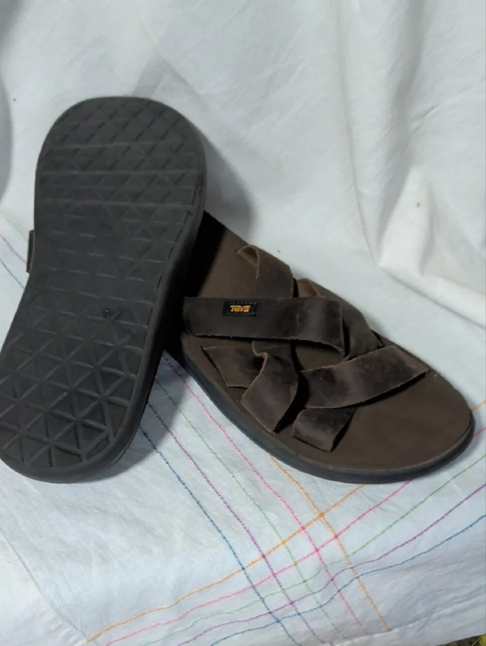 Teva Men's Mush Dark Brown Crisscross Leather Slide Sandals Gorpcore Minimalist